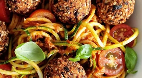 Black Bean & Quinoa Balls w/ Spiralized Zucchini