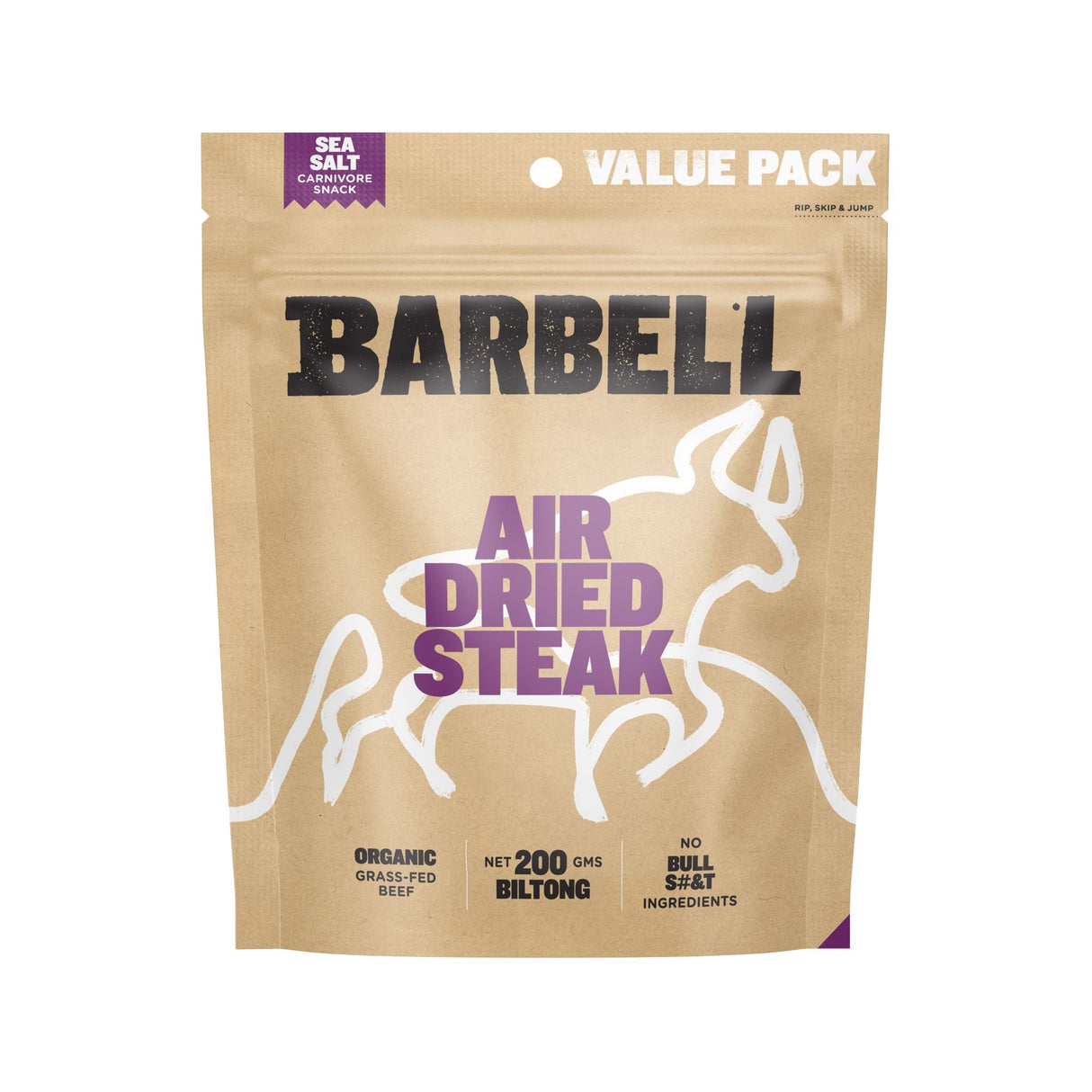 Barbell Biltong Grass Fed Beef Air Dried Steaks Sea Salt 70g