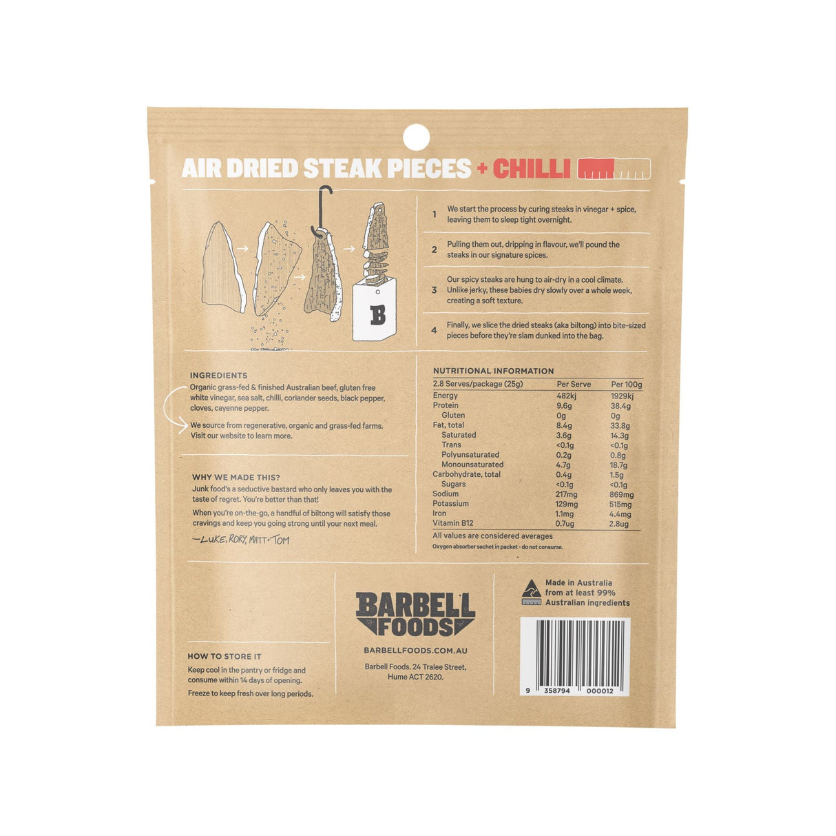 Barbell Biltong Grass Fed Beef Air Dried Steaks Burn Chilli Spice 70g