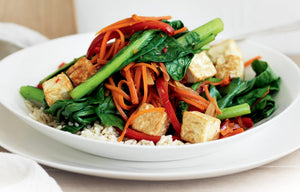 Kung pao tofu with Asian greens and stir fried vegetables