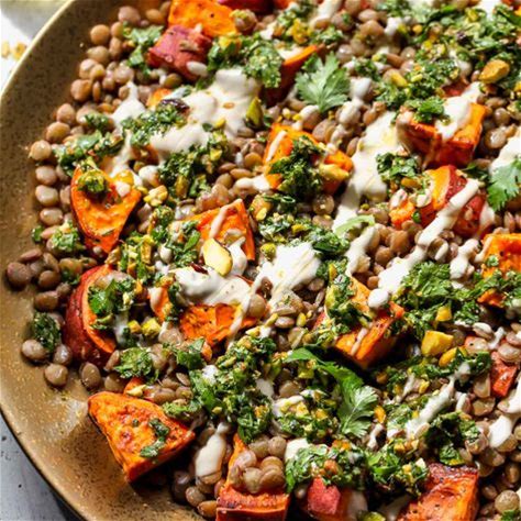 Herbed Sweet Potato with Mediterranean Style Lentils, Green Vegetables & Tzatziki